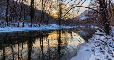 Ormanda ve vahşi nehir kış akşam manzarası