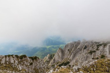Sis bulutları ile yaz aylarında Transilvanya Alpleri'nde dağ manzarası