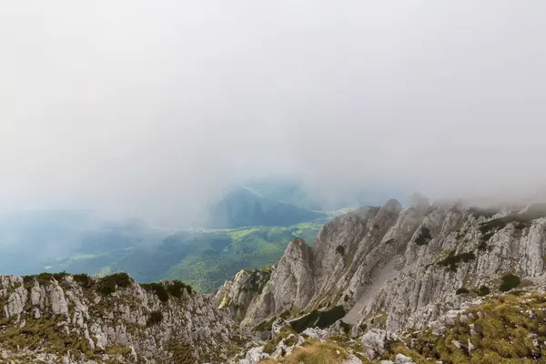 Sis bulutları ile yaz aylarında Transilvanya Alpleri'nde dağ manzarası