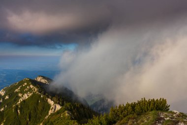 Sis bulutları ile yaz aylarında Transilvanya Alpleri'nde dağ manzarası
