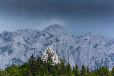 Sis bulutları ile yaz aylarında Transilvanya Alpleri'nde dağ manzarası