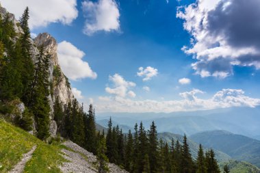 Sis bulutları ile yaz aylarında Transilvanya Alpleri'nde dağ manzarası