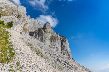 Sis bulutları ile yaz aylarında Transilvanya Alpleri'nde dağ manzarası