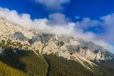 Sis bulutları ile yaz aylarında Transilvanya Alpleri'nde dağ manzarası