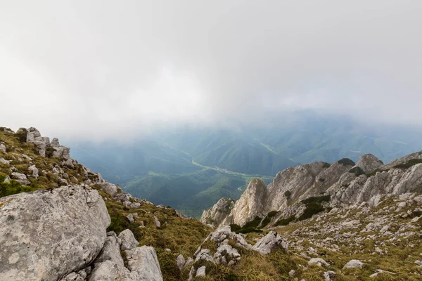 Sis bulutları ile yaz aylarında Transilvanya Alpleri'nde dağ manzarası