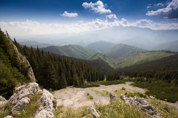 Mountain scenery in the Transylvanian Alps in summer with mist clouds — Stock Photo, Image