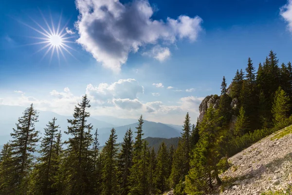 Horská krajina v Transylvánské Alpy v létě s mlha mraky — Stock fotografie