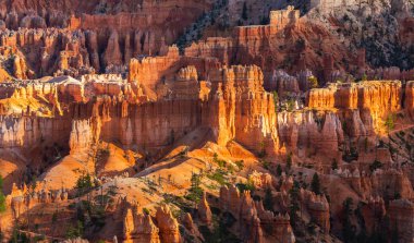 Sıcak gün batımı ışık altında parlak sahne Bryce Canyon Milli Parkı,