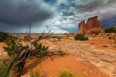 Gün batımında Arizona Çölü'nde dramatik fırtına bulutları