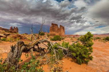 Gün batımında Arizona Çölü'nde dramatik fırtına bulutları