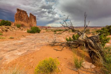 Gün batımında Arizona Çölü'nde dramatik fırtına bulutları