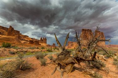 Gün batımında Arizona Çölü'nde dramatik fırtına bulutları