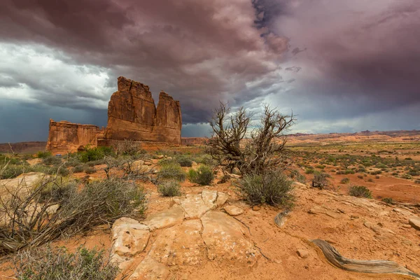 Gün batımında Arizona Çölü'nde dramatik fırtına bulutları