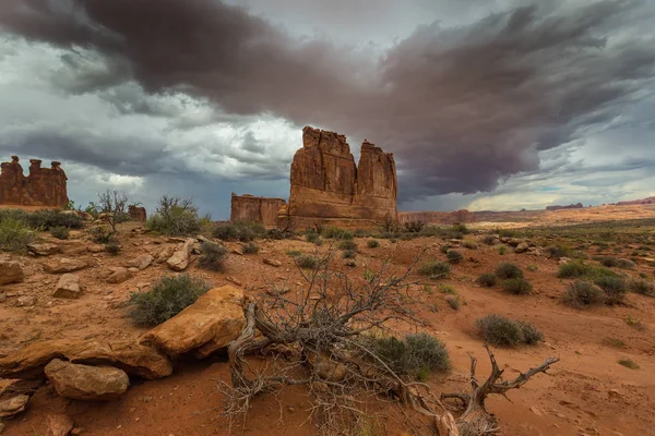 Gün batımında Arizona Çölü'nde dramatik fırtına bulutları