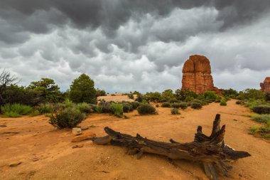 Fırtına bulutları, yağmur ve kırmızı jeolojik kumtaşı yapıları Utah çölde, Arches National Park