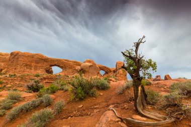 Fırtına bulutları, yağmur ve kırmızı jeolojik kumtaşı yapıları Utah çölde, Arches National Park