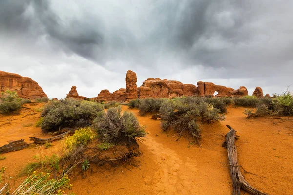 Storm Clouds Rain Red Geologic Sandstone Structures Utah Desert Arches — Stock Photo, Image