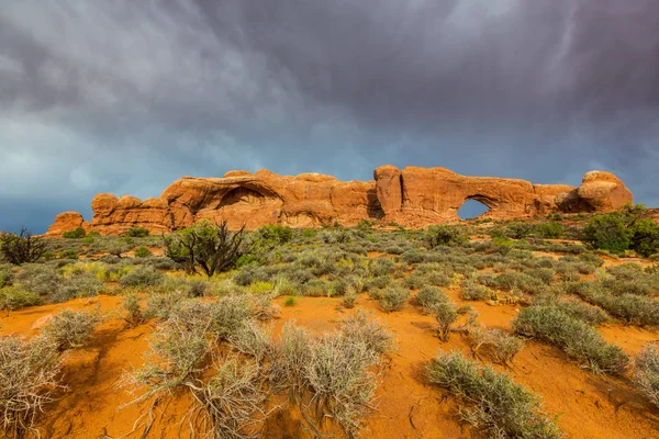 Storm Clouds Rain Red Geologic Sandstone Structures Utah Desert Arches — Stock Photo, Image