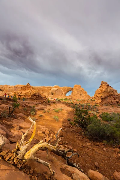 Storm Clouds Rain Red Geologic Sandstone Structures Utah Desert Arches — Stock Photo, Image