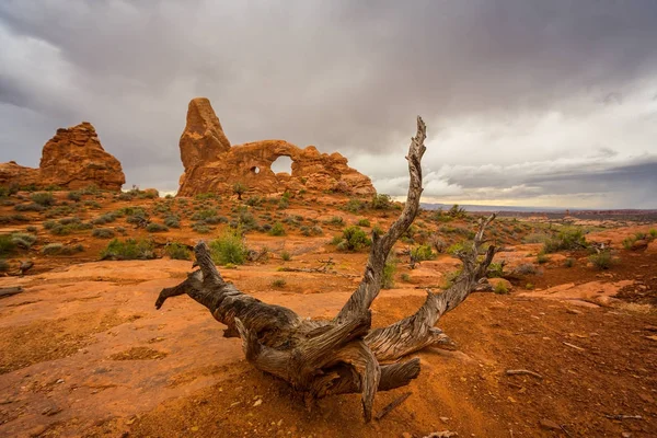 Dramatic Storm Clouds Rain Desert Arches National Park Autumn — Stock Photo, Image