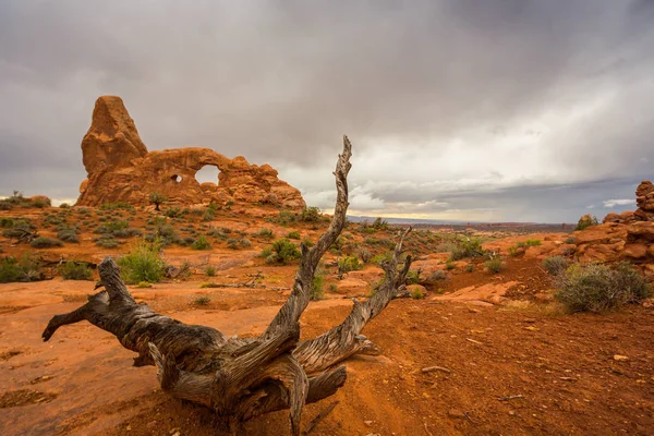 Dramatic Storm Clouds Rain Desert Arches National Park Autumn — Stock Photo, Image