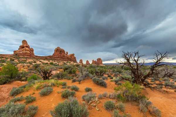 Dramatic Storm Clouds Rain Desert Arches National Park Autumn — Stock Photo, Image