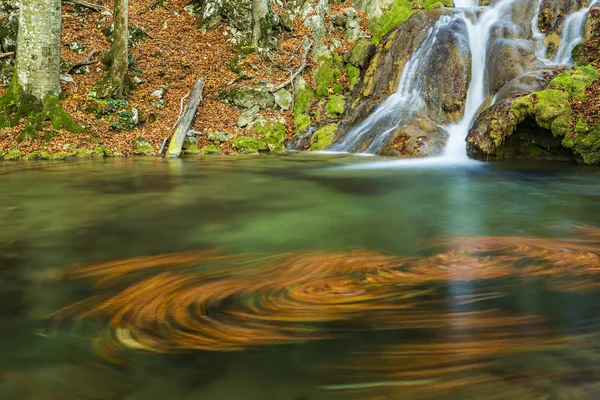 Krásné Vodopády Zlaté Podzimní Listí Horském Lese Jasného Slunečného Dne — Stock fotografie