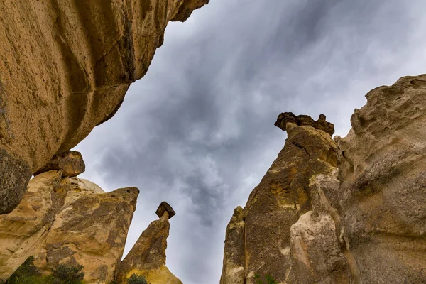 Limestone Rock Formations Dramatic Storm Clouds Cappadocia Turkey — Stock Photo, Image