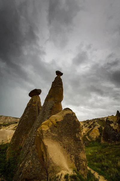 Limestone Rock Formations Dramatic Storm Clouds Cappadocia Turkey — Stock Photo, Image