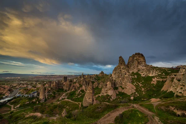 Limestone Rock Formations Dramatic Storm Clouds Cappadocia Turkey — Stock Photo, Image