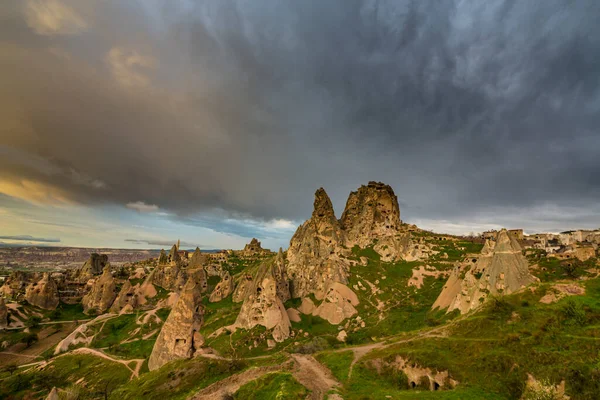 Limestone Rock Formations Dramatic Storm Clouds Cappadocia Turkey — Stock Photo, Image