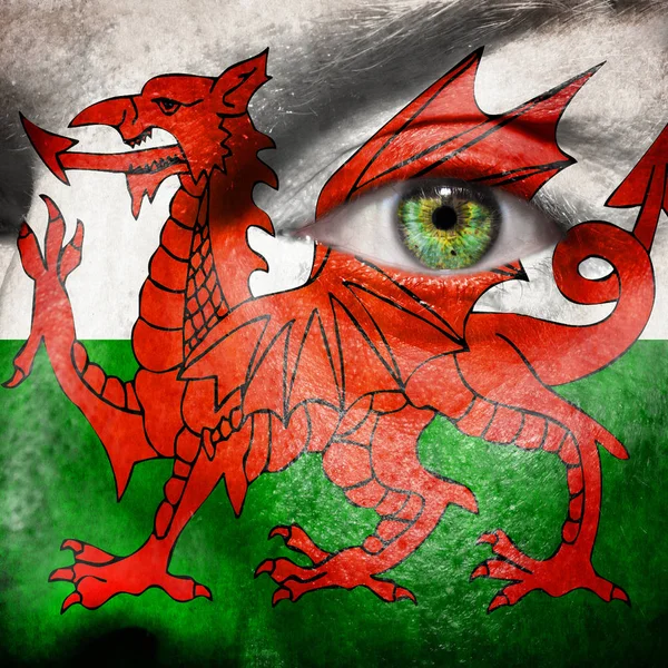 Bandera pintada en la cara con ojo verde para mostrar el apoyo de Gales Imagen De Stock