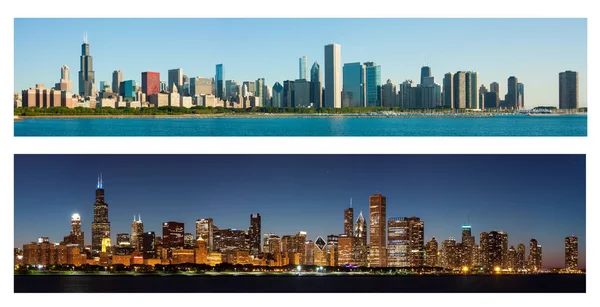 Chicago Skyline bei Tag und Nacht lizenzfreie Stockfotos