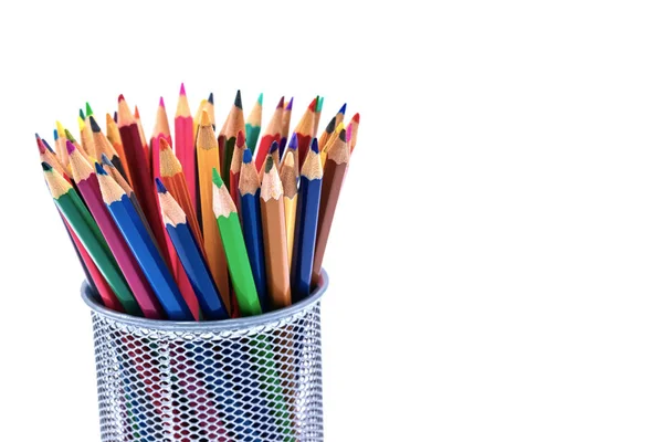 Divers Crayons Couleur Dans Une Tasse Isolée Sur Fond Blanc — Photo