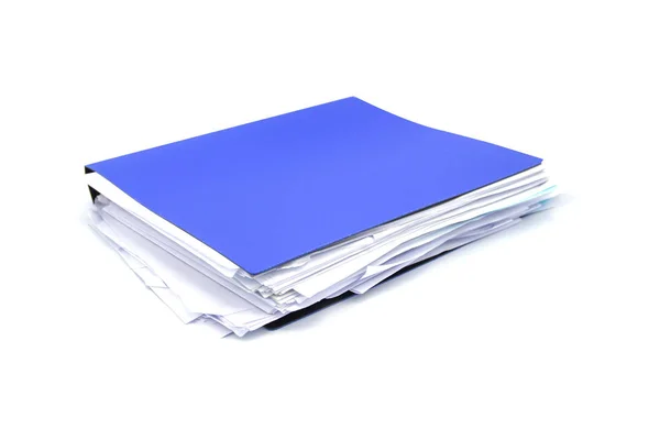 Pasta Arquivo Azul Com Documentos Documentos Retenção Contratos Fundo Branco — Fotografia de Stock