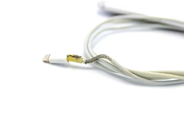 Closeup Image Broken Usb Smartphone Charger Cable White Table Background — Stock Photo, Image