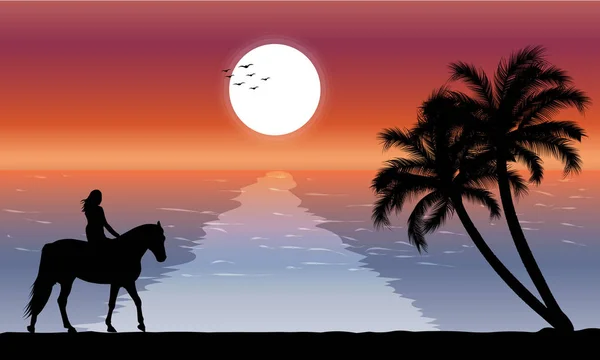 Imagem Silhueta Crepúsculo Com Mulher Montando Cavalo Praia Uma Lua — Vetor de Stock