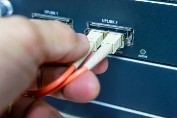 Technician connect fiber cable network to switch port in server