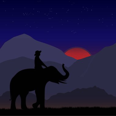 Siluet görüntüsü Fil mahout 'lu Kara Fil dağ ve gündoğumu arkaplanlı ormanda yürüyor Sabah ışığı illüstrasyonu