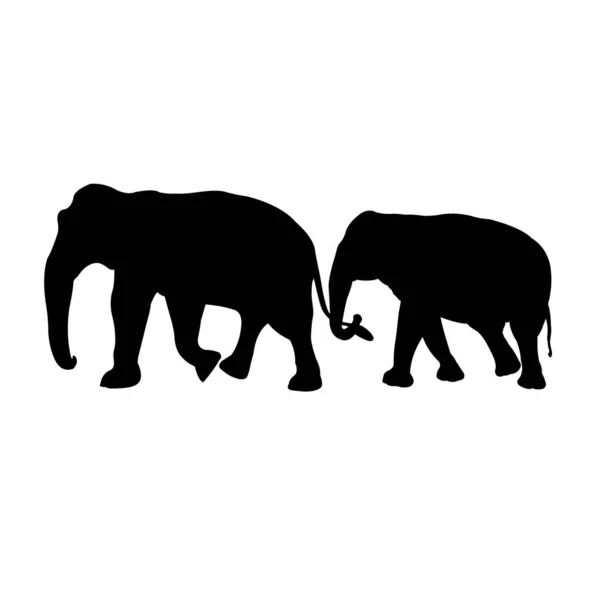 黑色图像轮廓两只大象亚洲行走和树干触摸尾巴 图形设计 矢量在黑色背景上孤立的图解 — 图库矢量图片