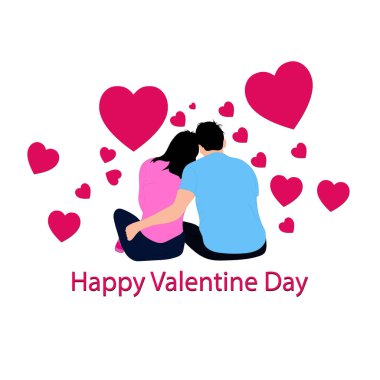 Sevgililer Günün kutlu olsun ve pembe kalp vektör illüstrasyonunun etrafında oturan çiftler beyaz arkaplan grafik tasarımı