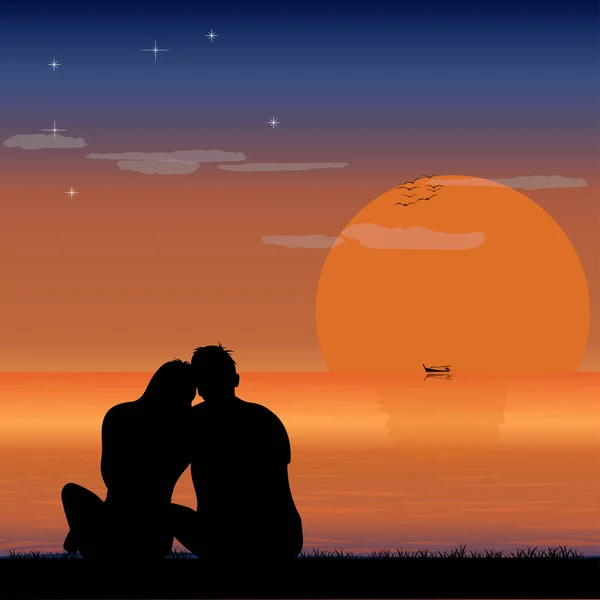 Couples Assis Ensemble Regardant Silhouette Coucher Soleil Illustration Graphisme — Photo