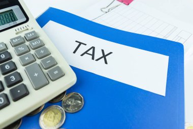 Dizin Vergisi belgeleri ve kağıt dosyaları hesap makinesi konseptine sahip yıllık vergi ödemesi