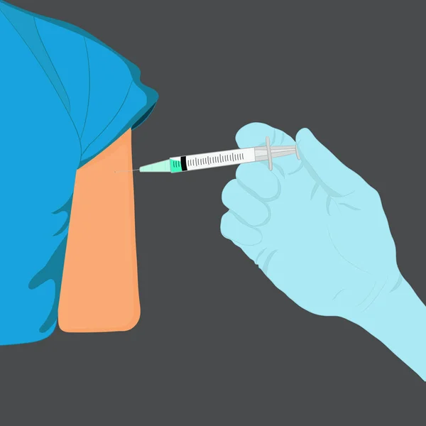 閉じる医師の手は 人々の腕に注射を行います Covit 19ワクチン接種医療の概念 ベクトルイラスト — ストックベクタ