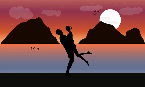 Imagen Silueta Crepúsculo Con Pareja Playa Fondo Luna Diseño Vector — Vector de stock