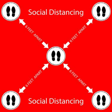 Ayak Sembolü Ayakta durma pozisyonunu, zemini insanların birbirinden 2 metre ayrı durması için işaretleyici olarak işaretliyor, uygulamalar toplumsal uzaklığı ve vektör illüstrasyonunu güçlendirmek için yerleştirilmiş 