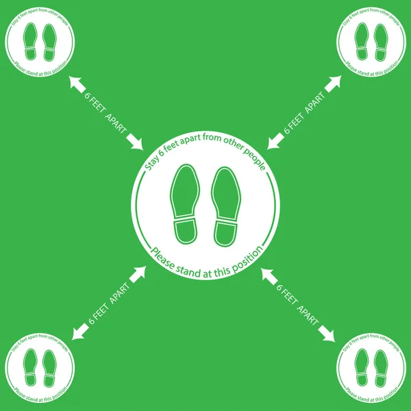 足のシンボル立ち位置を示す 6フィート離れて立つ人々のためのマーカーとして床 社会的距離を強制するために配置された実践 ベクトル図 — ストックベクタ