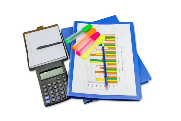 Notebook Pencil Calculator Blue File Graph Sheet Color Highlight Pen — Stock Photo, Image