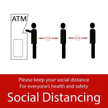 ATM nakit dağıtıcısı Icon çalışanları ile resimleri, insanların birbirinden 2 metre uzakta durması, sosyal mesafeyi zorlamak için uygulamalar, konsept güvenlik romanı Coronavirus 2019, vektör illüstrasyonu