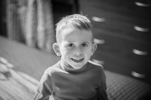 Year Old Boy Smiling Black White Photography — Stock Photo, Image